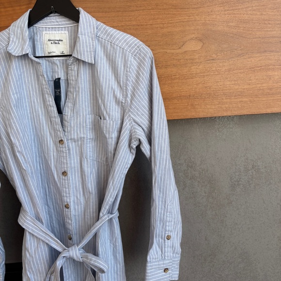 NWT Abercrombie & Fitch Women's striped collared dress with tie waist, Size L/P - Picture 6 of 11
